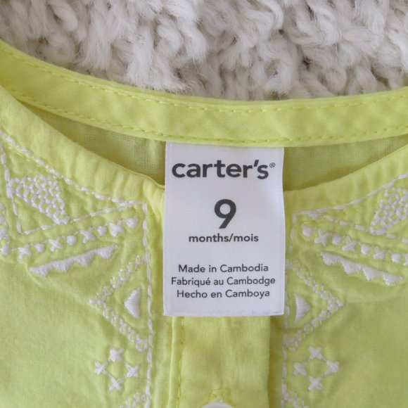 Carter's Sleeveless Blouse‎ Size 9 Months 100% Cotton, Yellow~ White Embroidery - Picture 2 of 8
